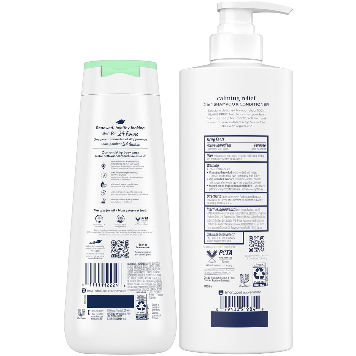 Dove body wash bottle front showing hypoallergenic formula and gentle hydration