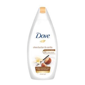 Dove bottle held in-shower illustrating soothing scent and softening skin