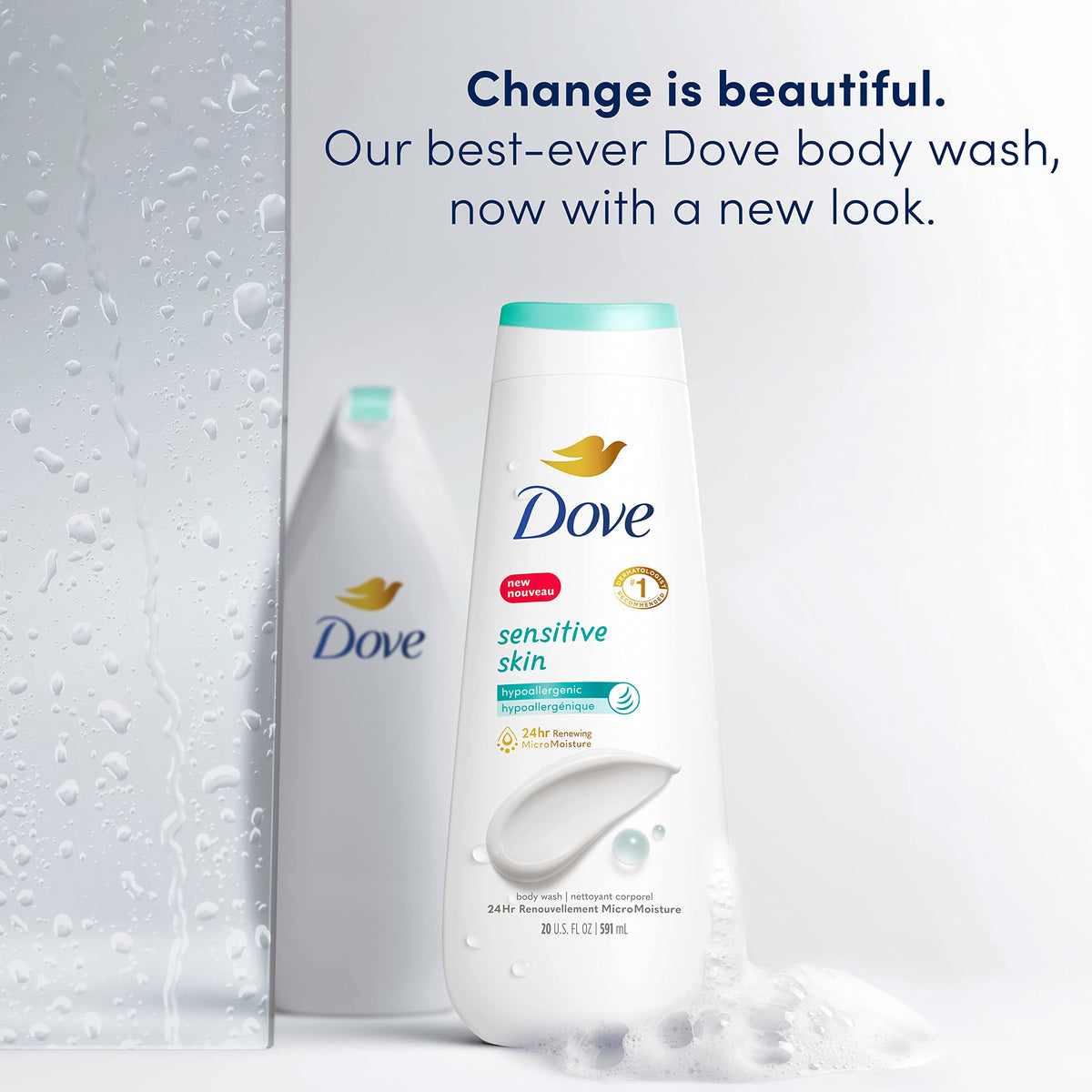 Dove body wash pump and label close-up highlighting hypoallergenic claim