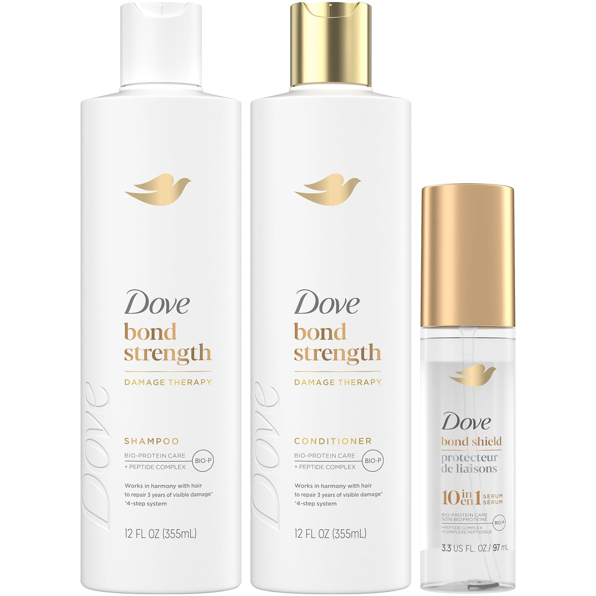 Dove bond front packaging showing the three-piece bundle and benefits