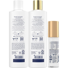 Dove bond shampoo pump closeup highlighting cleansing and strength