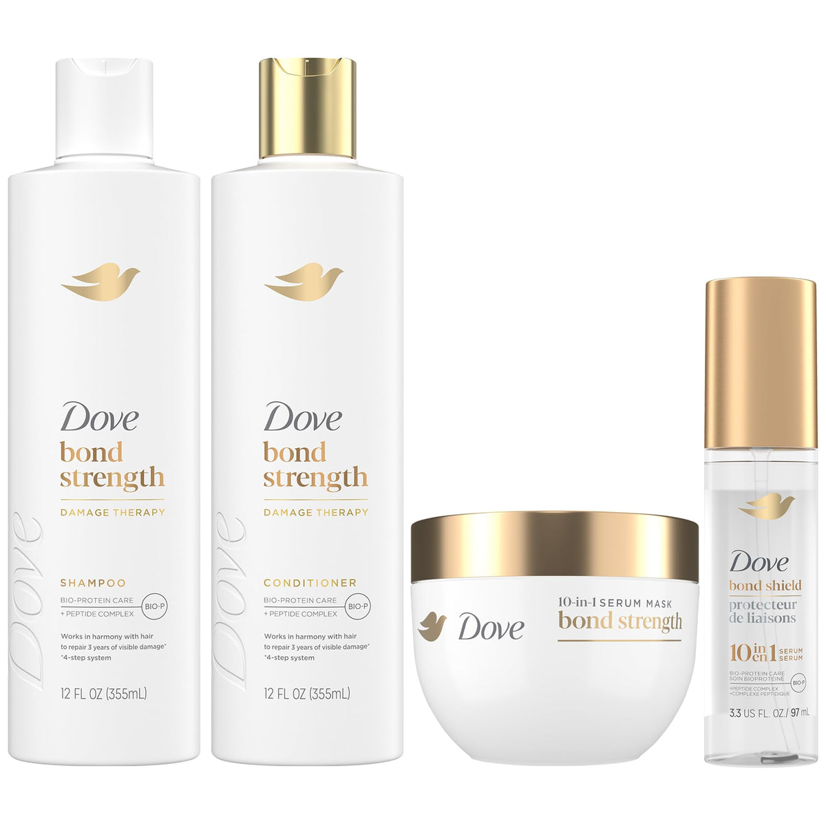 Dove front packaging showing full four-piece set and repair benefits