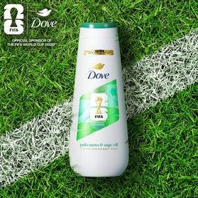 Dove bottle in hand for scale highlighting travel‑friendly and daily use benefits