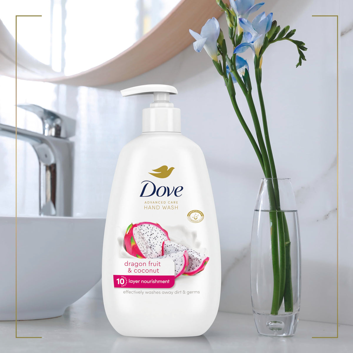 Dove bottle showing recycled plastic mark for eco-friendly choice