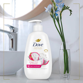 Dove bottle showing recycled plastic mark for eco-friendly choice