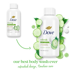 Dove 3 oz bottle beside passport showing travel-ready convenience benefit