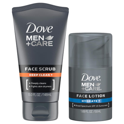 Dove Men+Care bundle front view showing lotion and scrub for daily hydration and protection