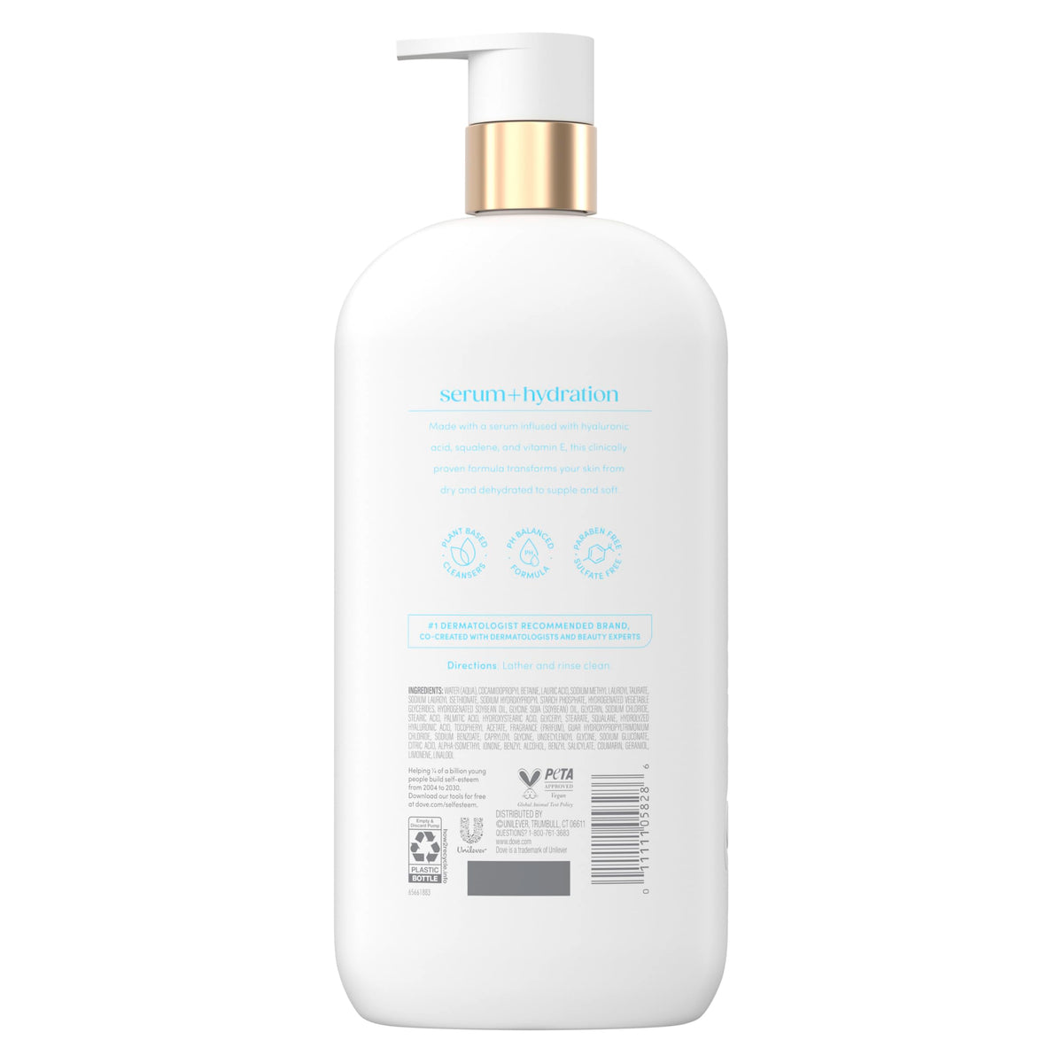 Dove closeup pump and label highlighting easy dispensing and clear ingredients