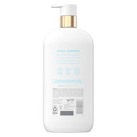 Dove closeup pump and label highlighting easy dispensing and clear ingredients