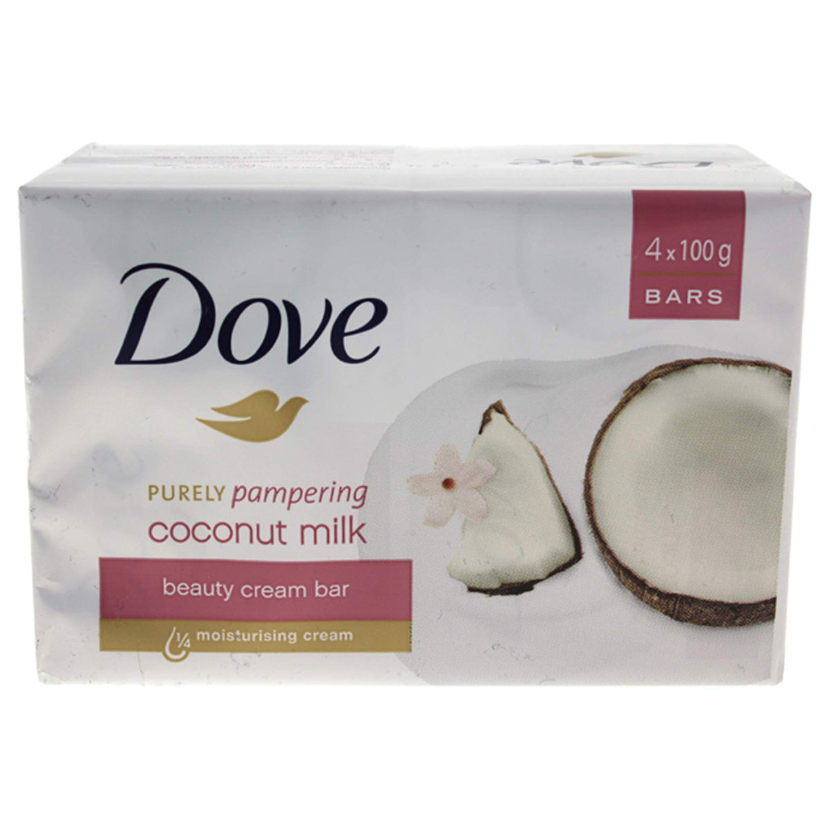 Dove front packaging showing coconut milk bar and moisturizing benefit