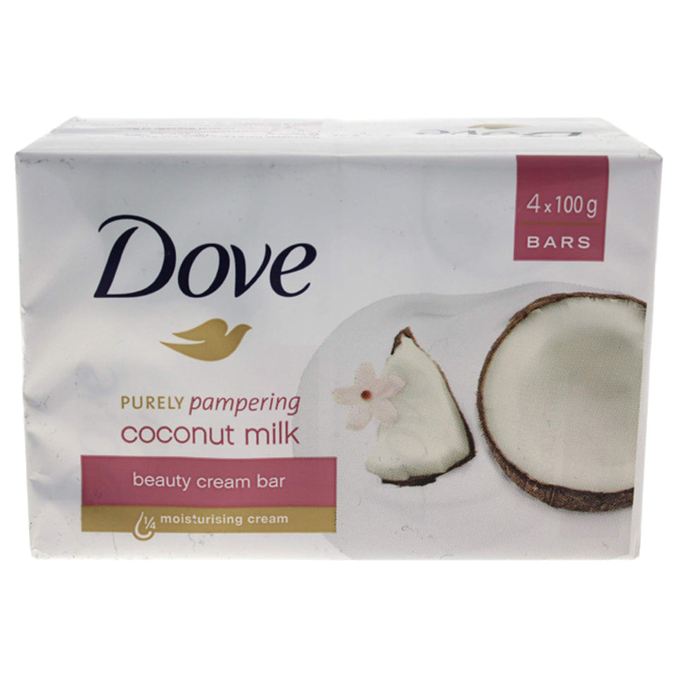 Dove front packaging showing coconut milk bar and moisturizing benefit