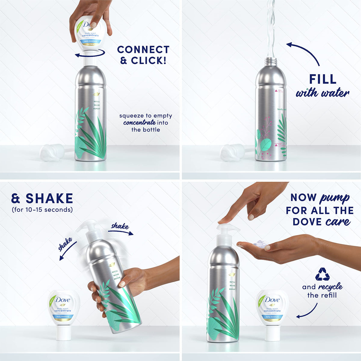 Dove concentrate quick-connect cap detail for no-mess refilling