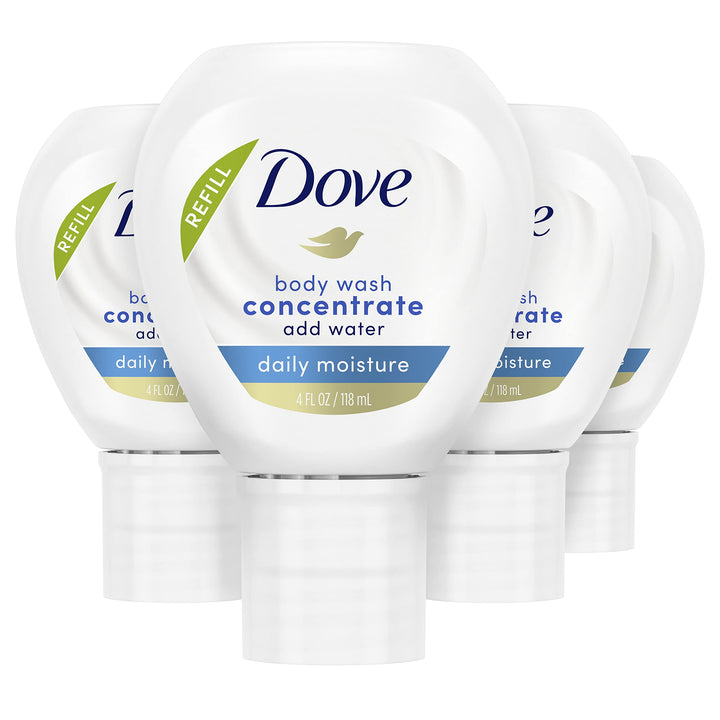 Dove concentrate front packaging showing four refills and eco benefit