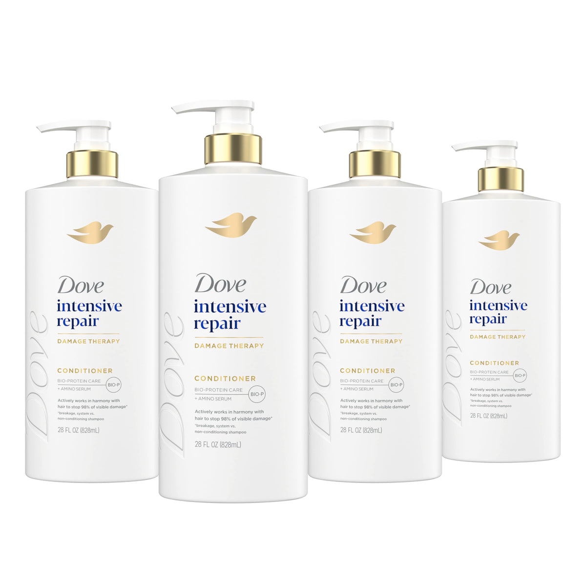 Dove front packaging showing four 28 fl oz bottles and clear product branding benefit