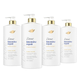 Dove front packaging showing four 28 fl oz bottles and clear product branding benefit