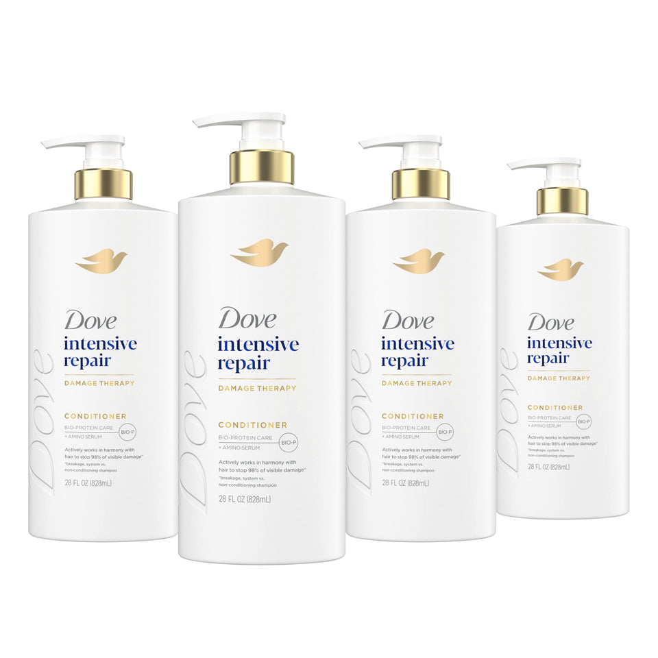 Dove front packaging showing four 28 fl oz bottles and clear product branding benefit