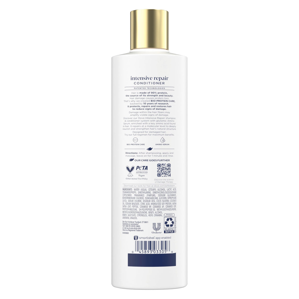 Dove bottle label close-up highlighting Keratin Repair Actives benefit