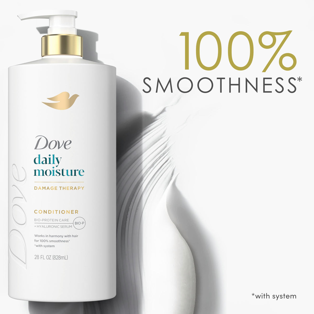Dove conditioner shown with shampoo mask and serum displaying system repair benefits