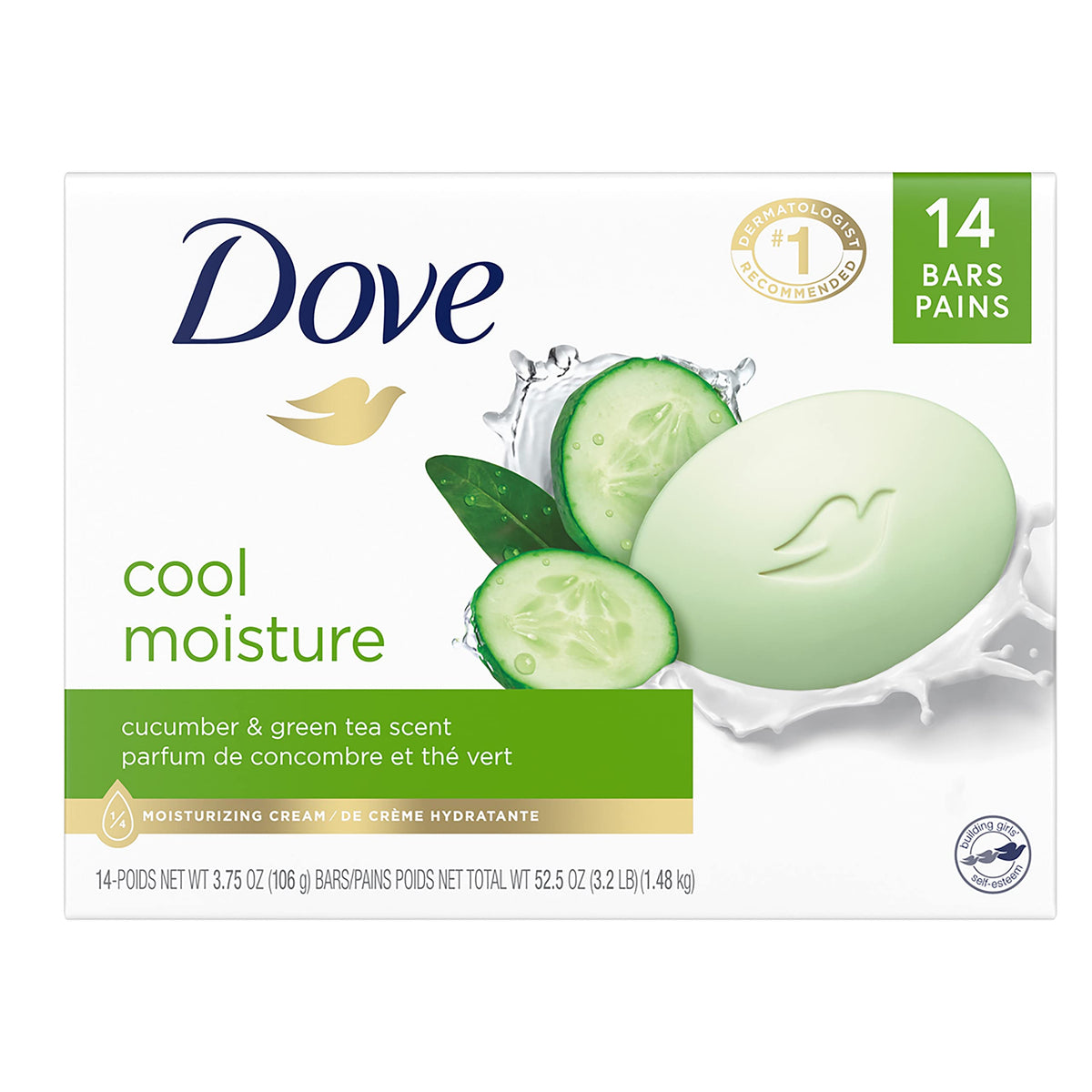 Dove front packaging showing cucumber and green tea scent for gentle cleansing