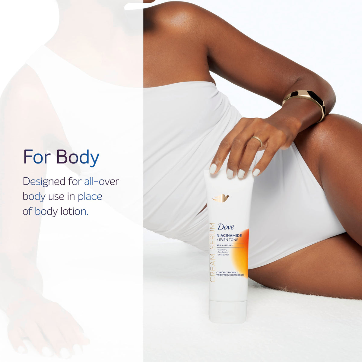 Dove serum dispensed on palm showing smooth application for even tone