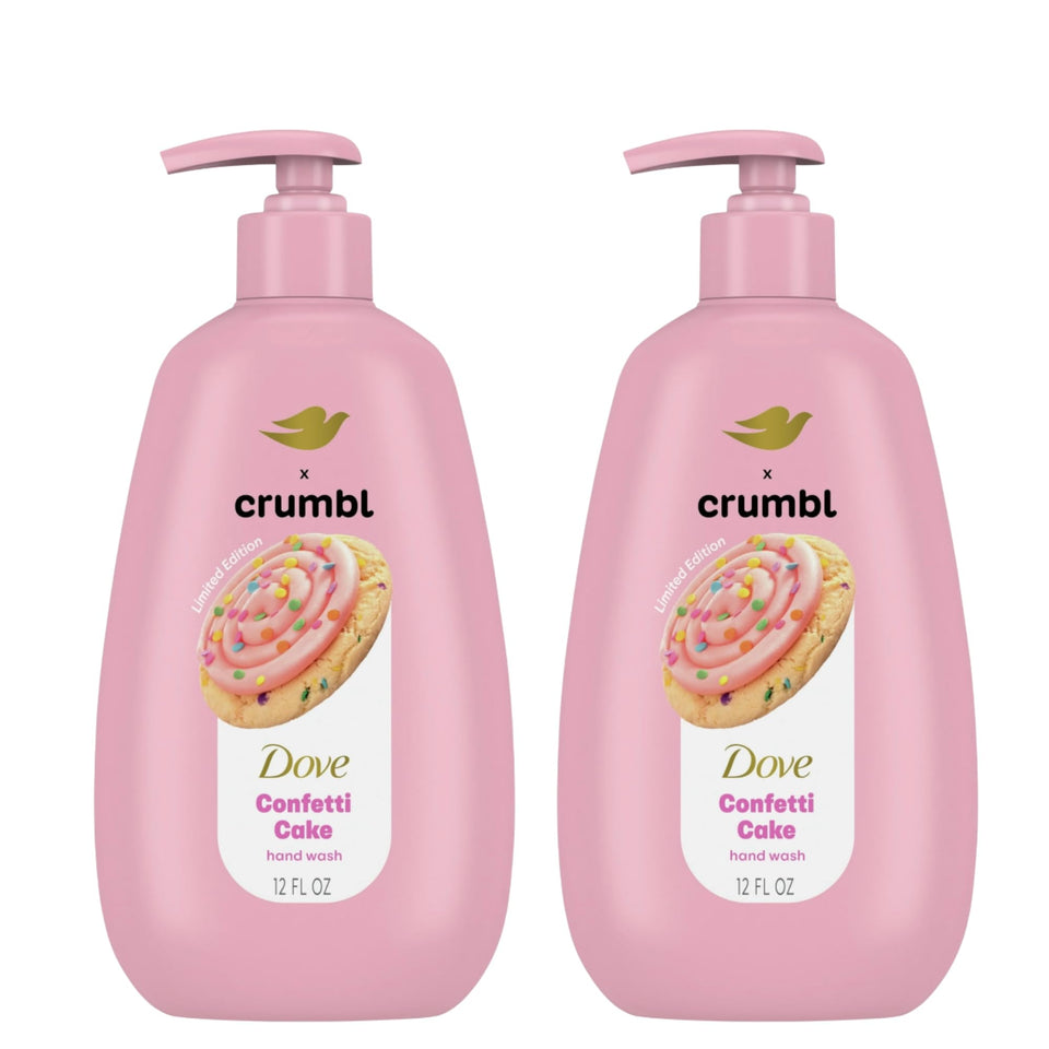 Dove bottle front packaging showing Confetti Cake scent and benefits