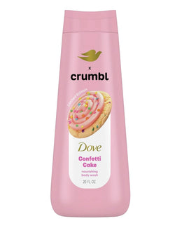 Dove bottle front packaging showing Confetti Cake design and moisturizing benefits