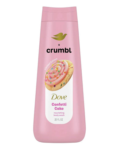 Dove bottle front packaging showing Confetti Cake design and moisturizing benefits