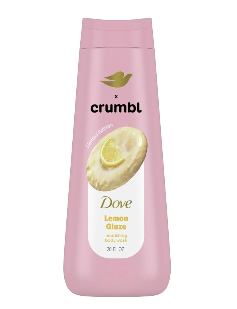 Dove x Crumbl front bottle showing label and 20 oz size, gentle moisturizing benefit