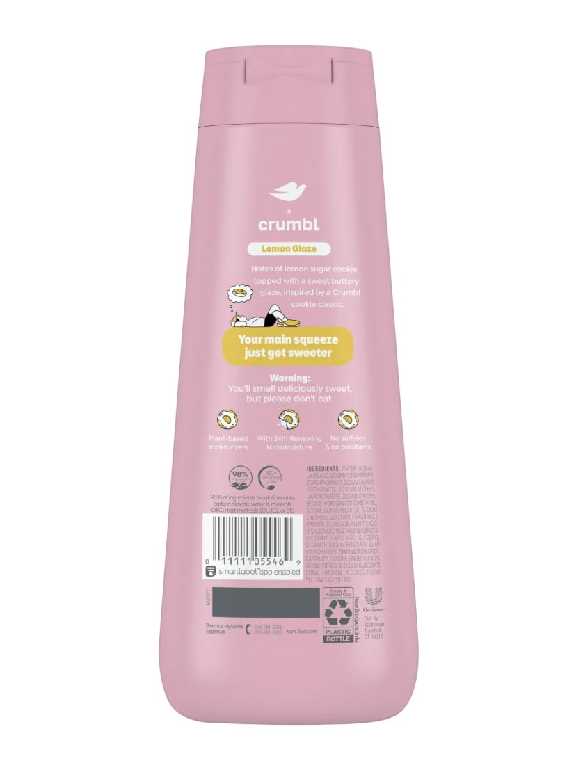 Dove x Crumbl bottle in shower scene dispensing lather, leaves skin soft benefit
