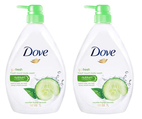Dove bottle front packaging showing cucumber scent and 33.8 fl oz size benefits