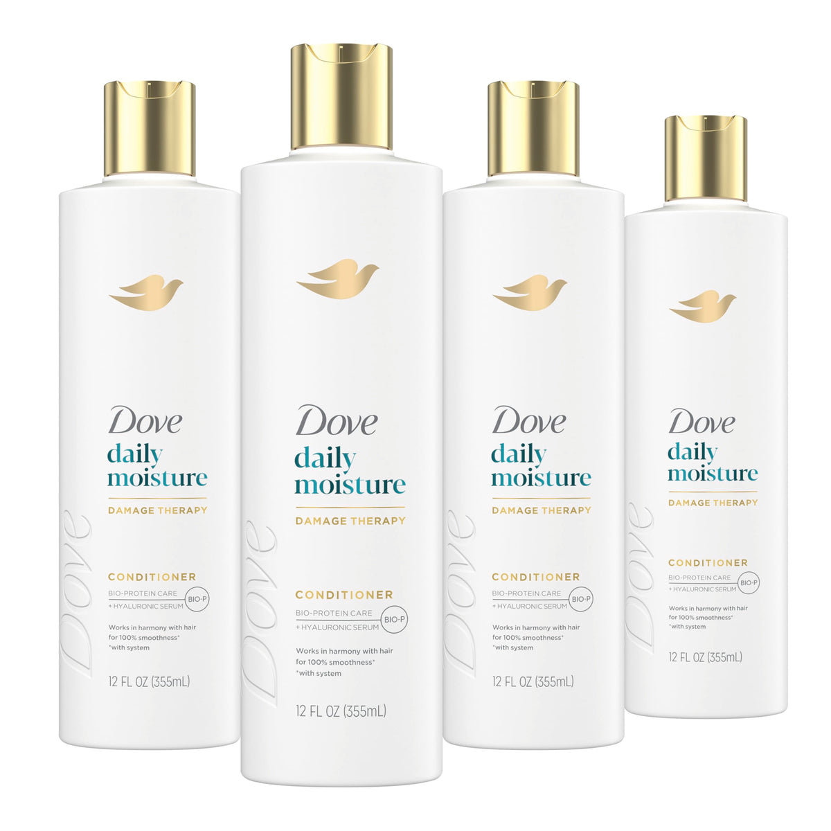 Dove front packaging showing four 12 oz bottles and clear product identity and value