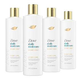 Dove front packaging showing four 12 oz bottles and clear product identity and value