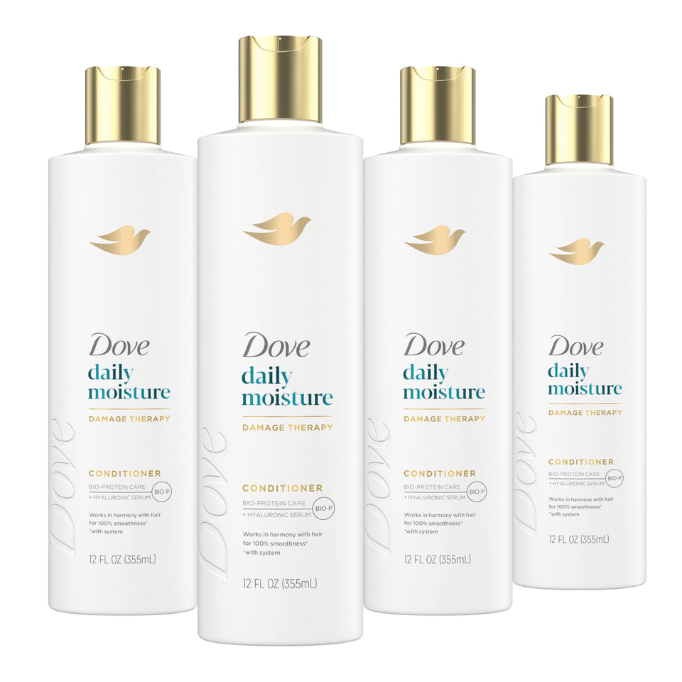 Dove front packaging showing four 12 oz bottles and clear product identity and value