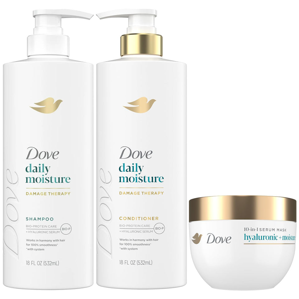 Dove front packaging showing full three-piece set and easy selection benefit