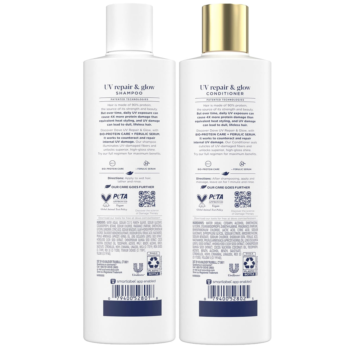 Dove label and pump detail highlighting Ferulic Serum and Bio-Protein Care