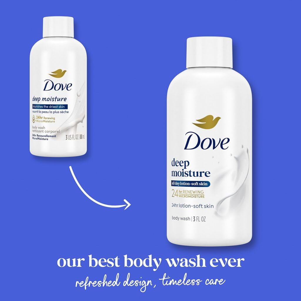 Dove bottle beside travel items showing convenience for trips