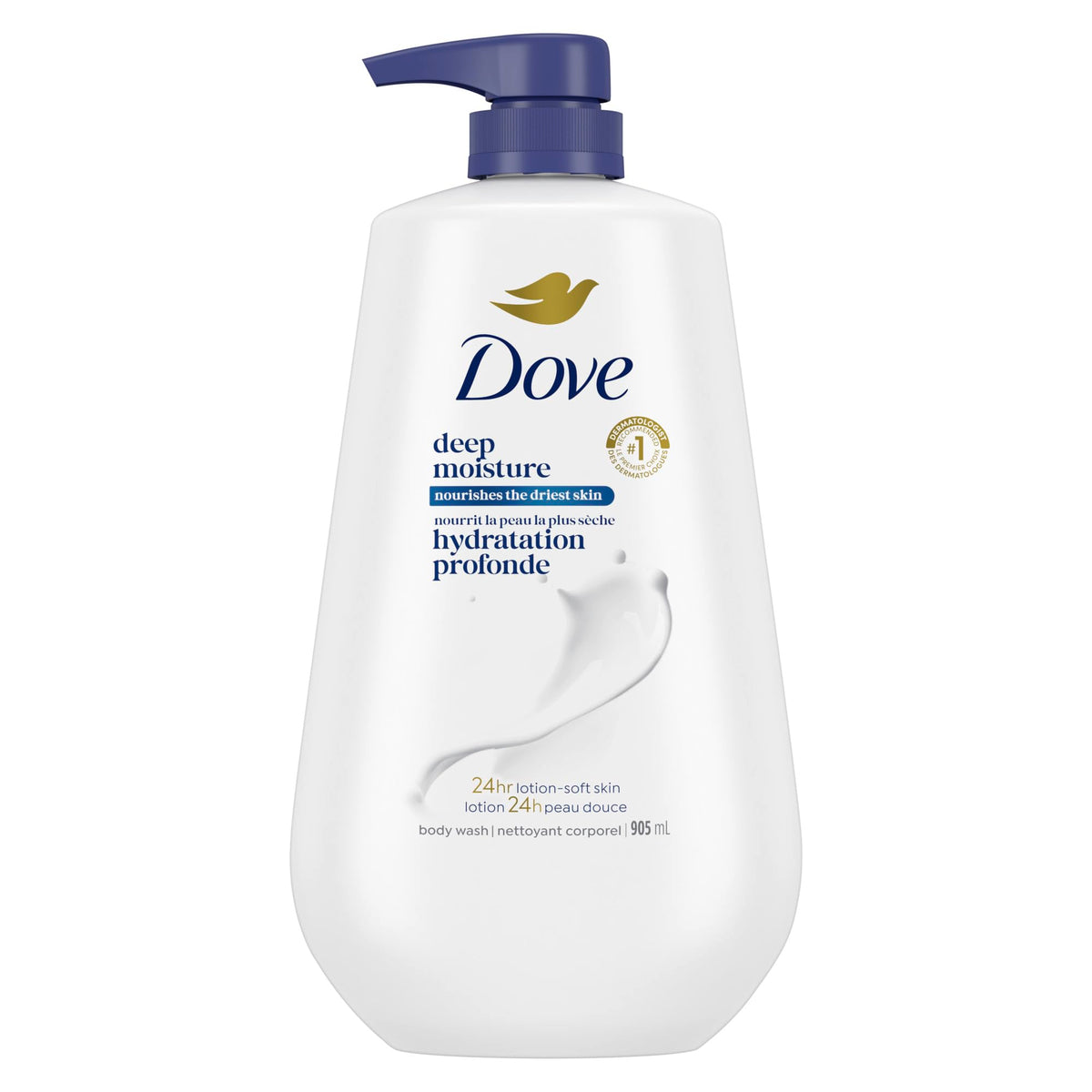 Dove deep moisture front pack showing 34 oz pump and nourishing benefits