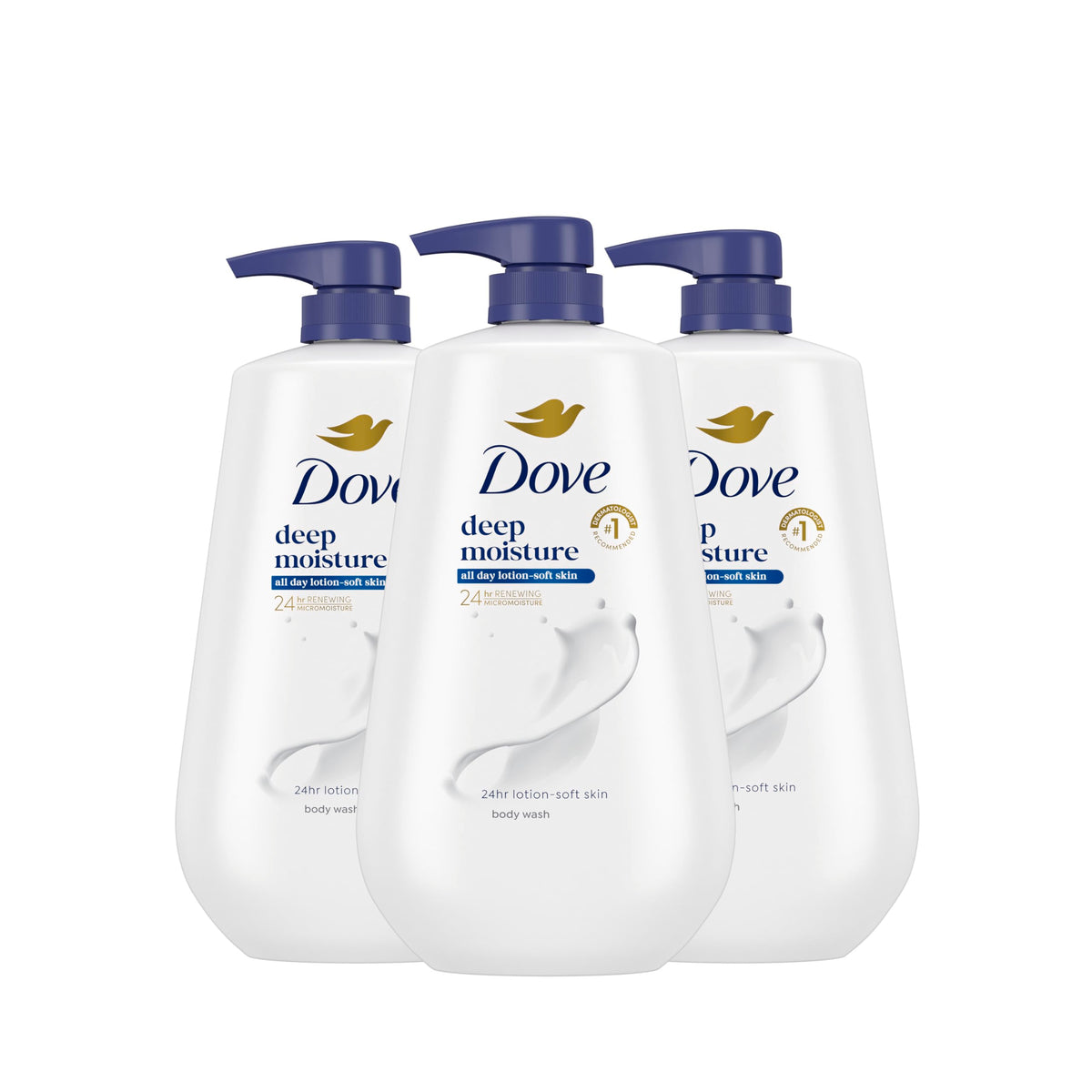 Dove deep moisture front packaging showing three pump bottles and nourishing benefits
