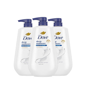 Dove deep moisture front packaging showing three pump bottles and nourishing benefits