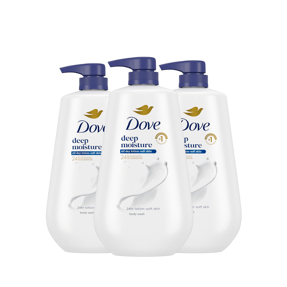 Dove deep moisture front packaging showing three pump bottles and nourishing benefits