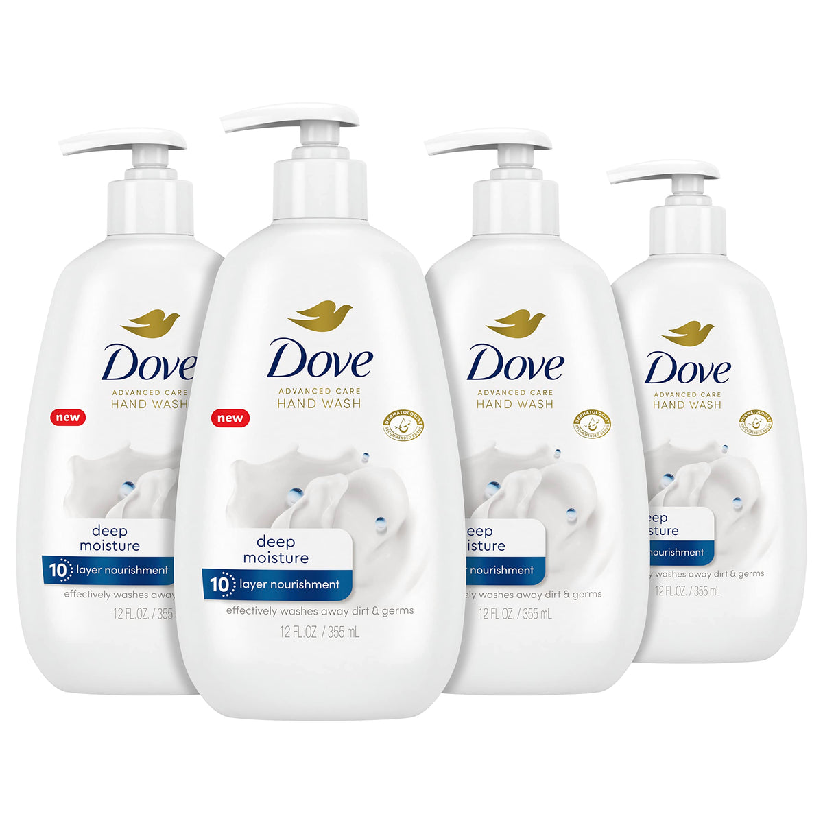 Dove bottle front packaging showing label and moisturizing promise for soft hands