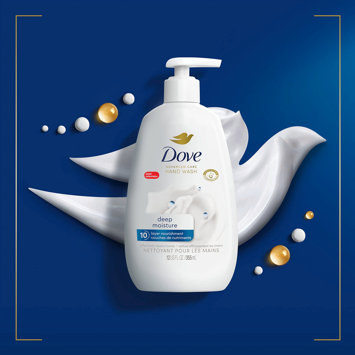 Hand using Dove at sink demonstrating cleansing and long-lasting hydration benefit