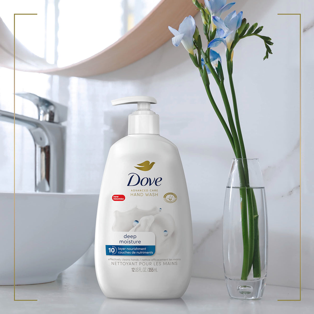 Dove bottle label showing 100% recycled plastic and eco-friendly benefit