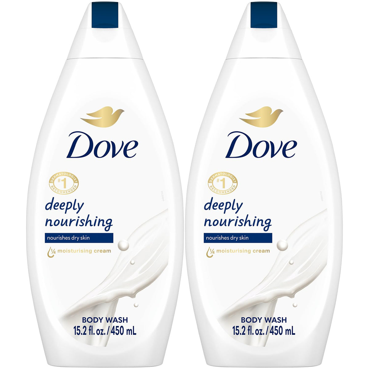 Dove deep nourishing front packaging showing two bottles and clear labeling for gentle hydration