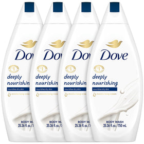 Dove front packaging showing four bottles and product benefits