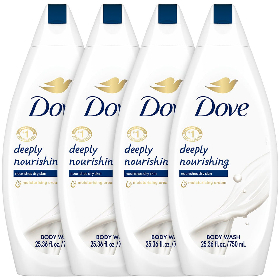 Dove front packaging showing four bottles and product benefits