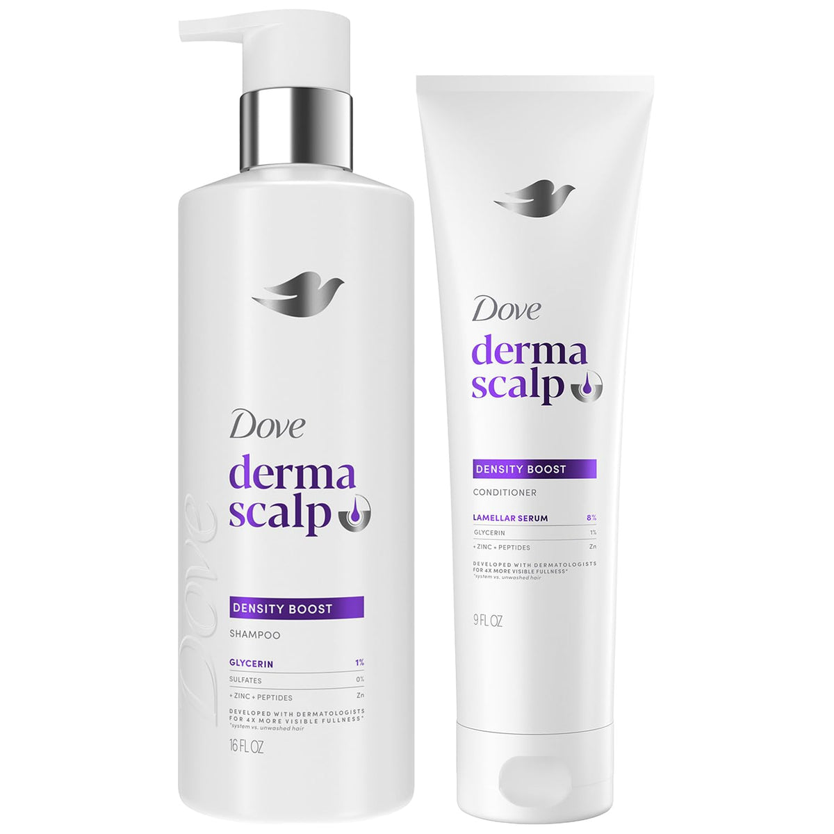 Dove Derma Scalp front packaging showing bottles, conveys gentle strengthening