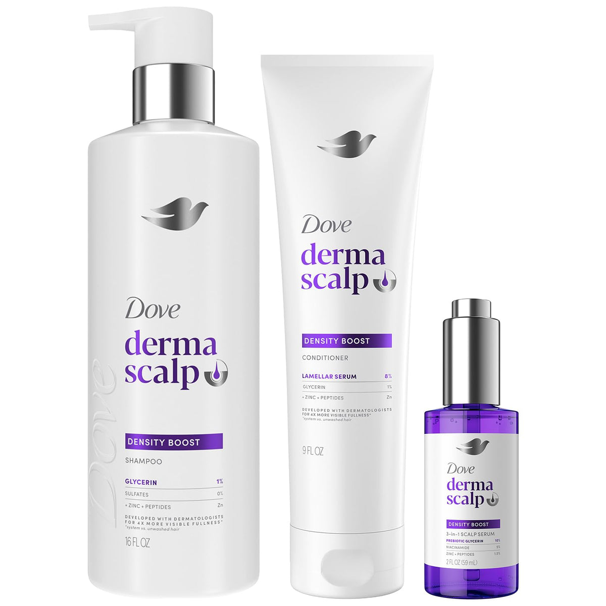 Dove Derma Scalp trio front packaging showing full set and benefits