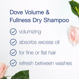 Dove dry shampoo sprayed at roots showing instant oil absorption and volume