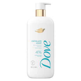 Dove front packaging showing 18.5 oz bottle and benefits for smoother skin